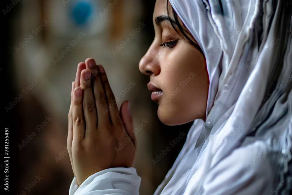 Asian Muslim woman in white hijab praying - obrazy, fototapety, plakaty 