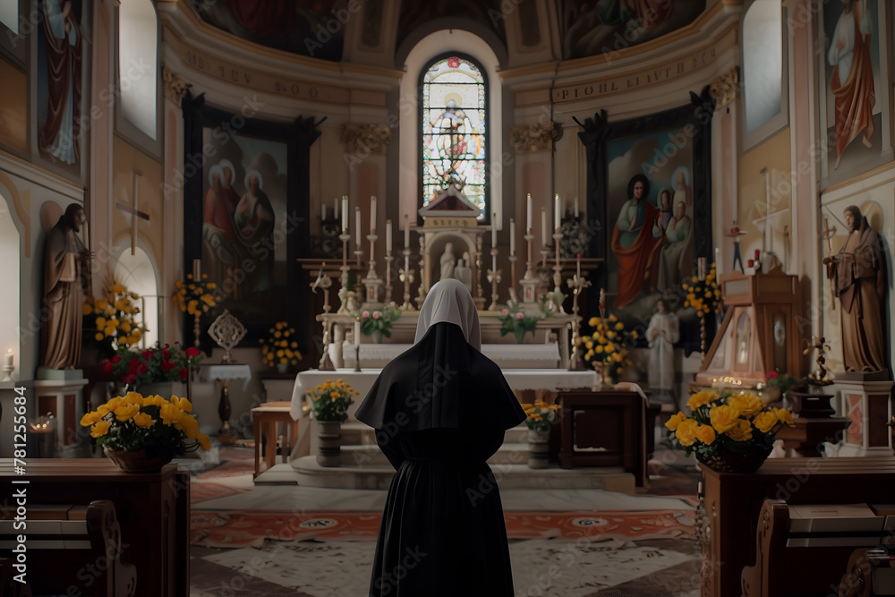 Back view of a beautiful caucasian nun in black habit praying in the church