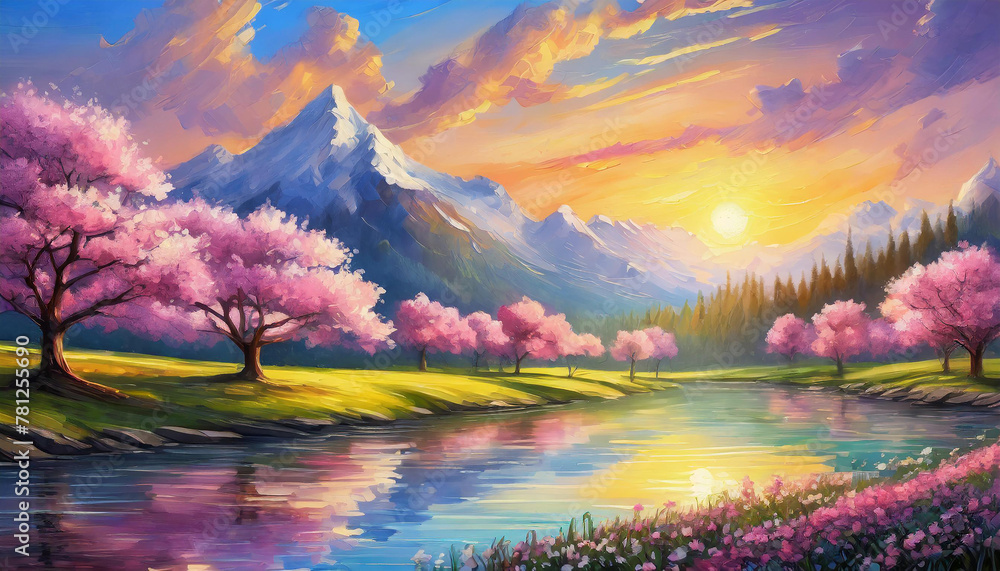 Oil painting of spring evening landscape with blooming pink trees and sun in the sky.