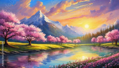 Oil painting of spring evening landscape with blooming pink trees and sun in the sky.