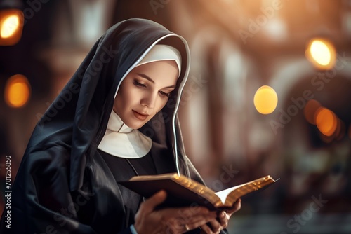 Portrait of Caucasian nun reading bible book in the church photo