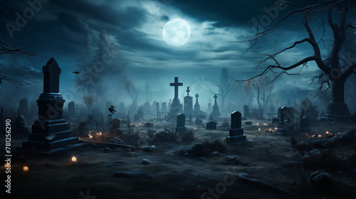 Ethereal Cemetery Scene with Full Moon and Wandering Mist