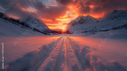  The sun sets over the mountains while snowy tracks appear in the foreground