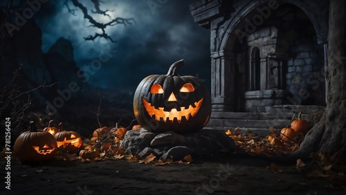 halloween pumpkin with bats and moon