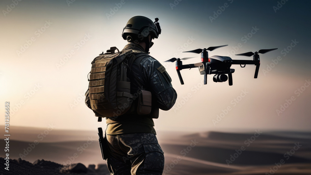 Close up of soldier preparing drone for flying. A drone operator controls for reconnaissance operation. Concept using quadcopters in smart digital war Close up of soldier preparing drone for flying. A drone operator controls for reconnaissance operation. Concept using quadcopters in smart digital war