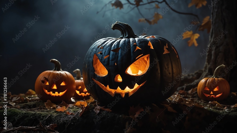 Naklejka premium halloween pumpkin with bats and pumpkin