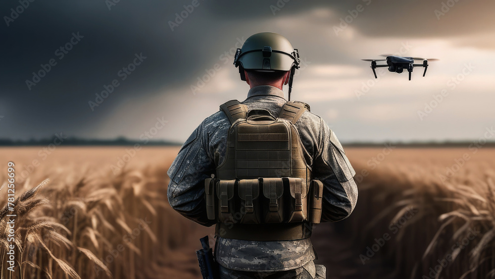 Close up of soldier preparing drone for flying. A drone operator controls for reconnaissance operation. Concept using quadcopters in smart digital war Close up of soldier preparing drone for flying. A drone operator controls for reconnaissance operation. Concept using quadcopters in smart digital war