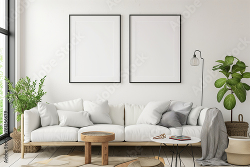 Mockup frame in living room interior background. 3d render. © Sawyer0