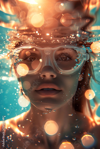 Close up portrait of a happy young woman in goggles swimming underwater at a summer pool party © Sergio