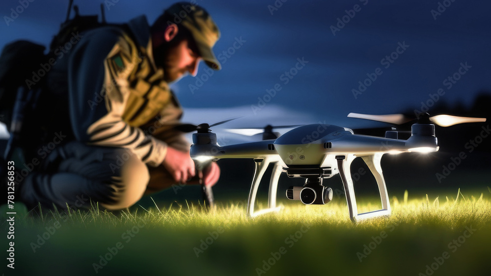 Close up of soldier preparing drones for flying. A drone operator controls for reconnaissance operation. Concept using quadcopters in smart digital war