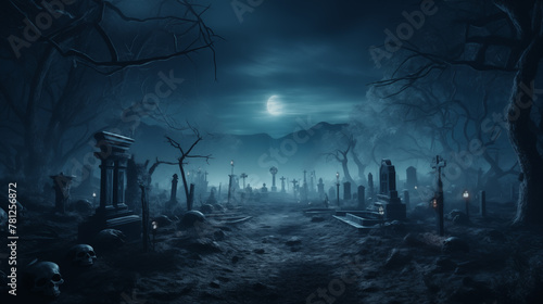 Gothic Cemetery Landscape with Full Moon and Skulls