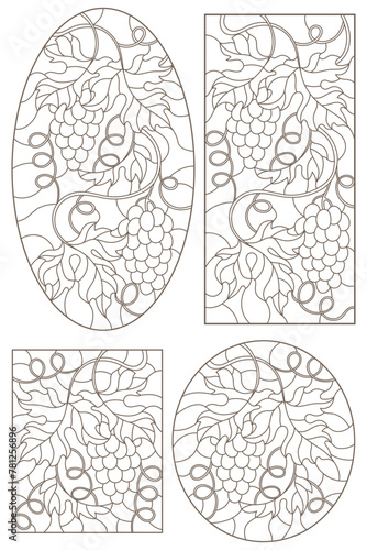Set contour illustrations of stained glass with grapes and grape leaves , black contour on white background