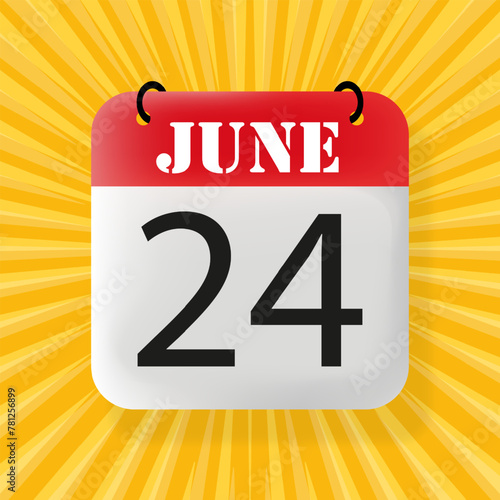 24 June. Calendar 2024. 3d illustration. Pop art style. Vector line icon for Business and Advertising