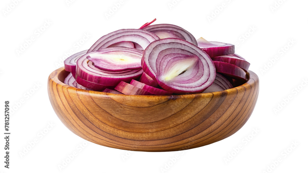 Red onion slices in a wooden bowl isolated on transparent background