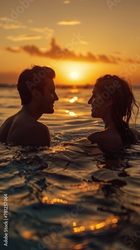 Couple in love, enjoying a sunset swim, happy moments shared in the pool, golden light casting a warm glow, realistic joy  , 8K , high-resolution, ultra HD,up32K HD © ธนากร บัวพรหม