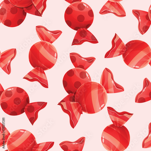 Round sweet candy lollipops in a red wrapper. Vector seamless cartoon pattern.