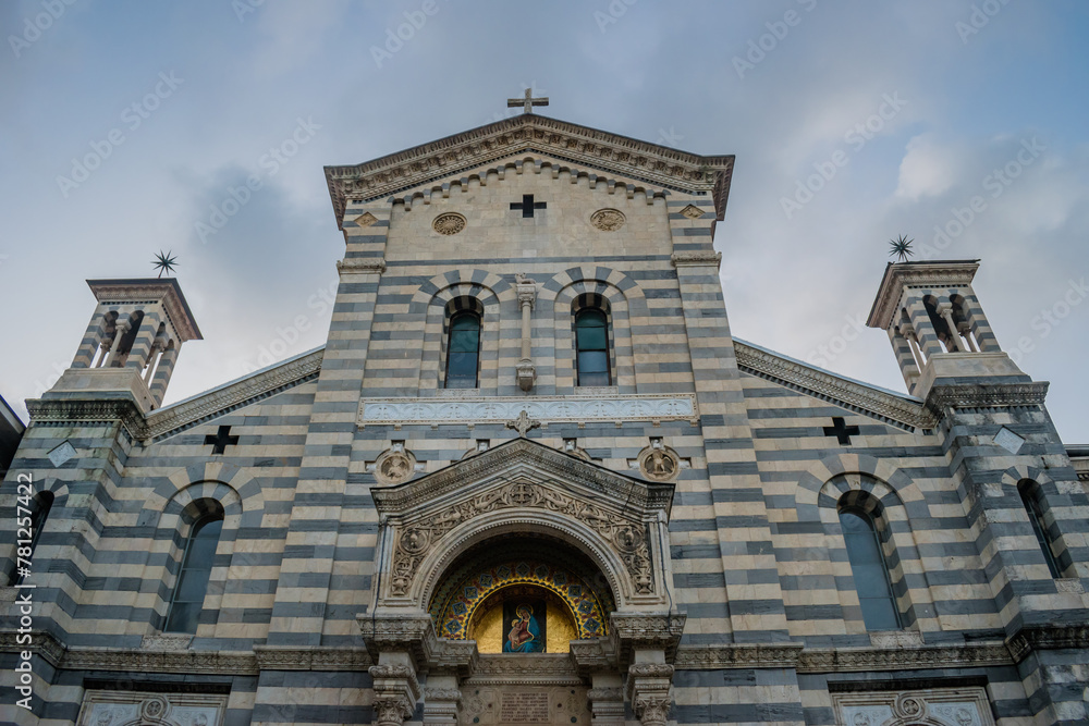 Detail of symmetrical facade of the Our Lady of the Snows church in neo-romanesque style, La Spezia ITALY
