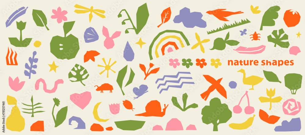 Abstract cute hand drawn nature organic shapes. Colorful background with doodle nature forms. Set of colored drawn objects in vector