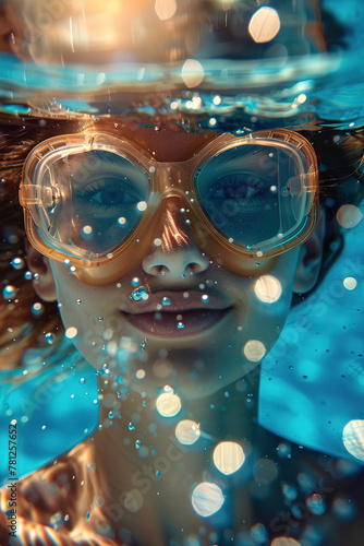 Close up portrait of a happy young woman in goggles swimming underwater at a summer pool party