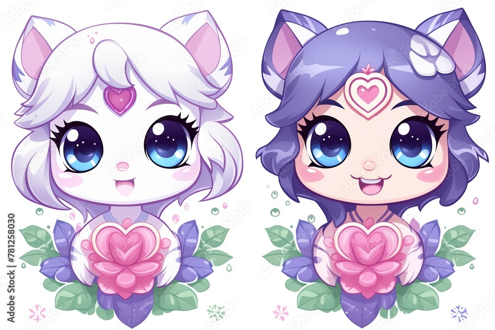 Two cute pretty anime kitty girl twins with flowers, greeting card
