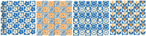 Retro floral seamless pattern illustration. Vintage style hippie 70s flower background design collection. Geometric checkered wallpaper print, spring season nature backdrop texture with daisy flowers.