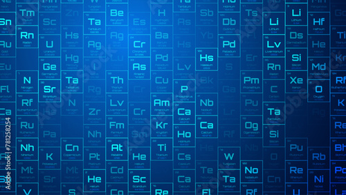 Random Periodical Chemical Elements Background. Blue Education Science Chemistry Physics Backdrop. Vector Illustration. photo