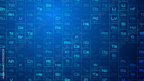 Random Periodical Chemical Elements Background. Blue Education Science Chemistry Physics Backdrop. Vector Illustration.