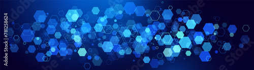 Hexagonal Abstract Technology Background. Hexagons Pattern for Tech Communication Design. Hi-tech Cyber Hexagon Sci-Fi Game Banner Grid. Blue Science Vector Illustration.