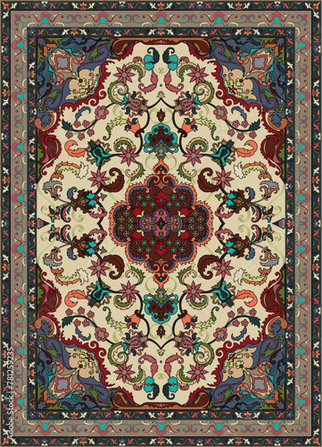 Colorful ornamental vector design for rug, tapis, yoga mat. Geometric ethnic clipart. Arabian ornamental carpet with decorative elements.Persian carpet