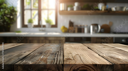 Wooden table in foreground with kitchen in background