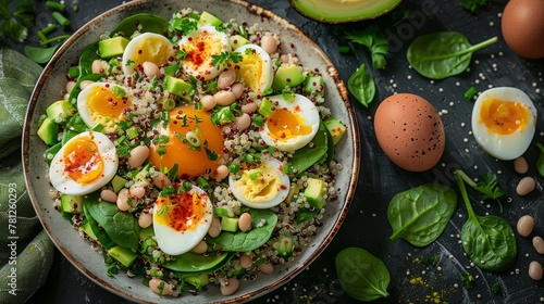   Close-up photo of eggs, beans and avocado on a table