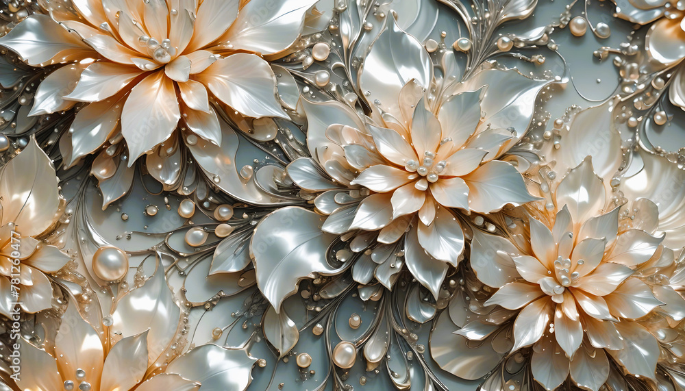 Hintergrund Vorlage mit edlen weißen Blumen Blüten aus Perlmutt glänzend wie königliche Dekoration Design für Hochzeit Feier Trauung Abschied Grußkarte mit Perlen und floralen Ornamenten Luxus frisch 