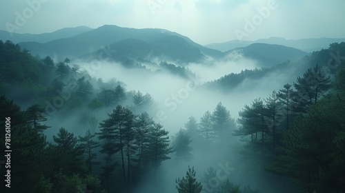   A dense forest shrouded in mist, brimming with towering trees and distant mountain peaks #781261006