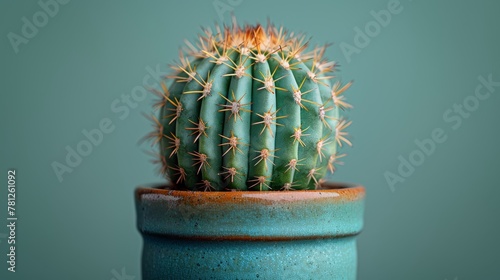 A close-up of a small cactus in a blue pot on a green surface with a blue wall behind it
