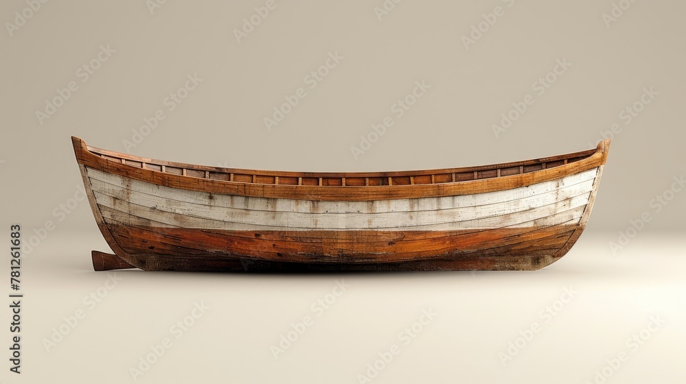 Wooden boat resting on white floor, adjacent to gray wall and white background Wooden boat resting on white floor, adjacent to gray wall and white background
