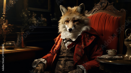 An elegant fox wears a designer trench coat, accessorized with a golden pocket watch and a silk ascot.