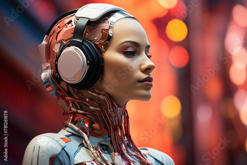 A conversational AI developer wearing a headset, fine-tuning dialogue algorithms, posed against a vibrant coral background. photo