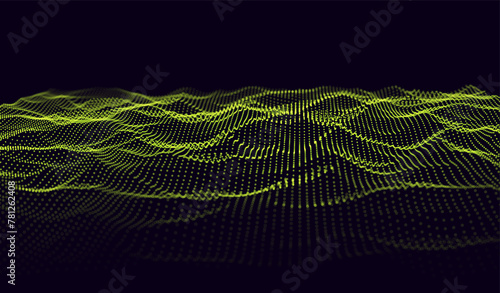 Particles 3D Landscape Background. Abstract Wave Technology. Dynamic Particles Sound Wave. Wavy Backdrop. Audio Visualization. Vector Grid Illustration