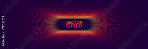 Synthwave Grid Tunnel. Grid Frame Retrowave Party Flyer Background. Round Tunnel Mesh Backdrop. Abstract Digital Background. Vintage Computer Virtual Reality VR Tunnel Technology Vector Illustration.