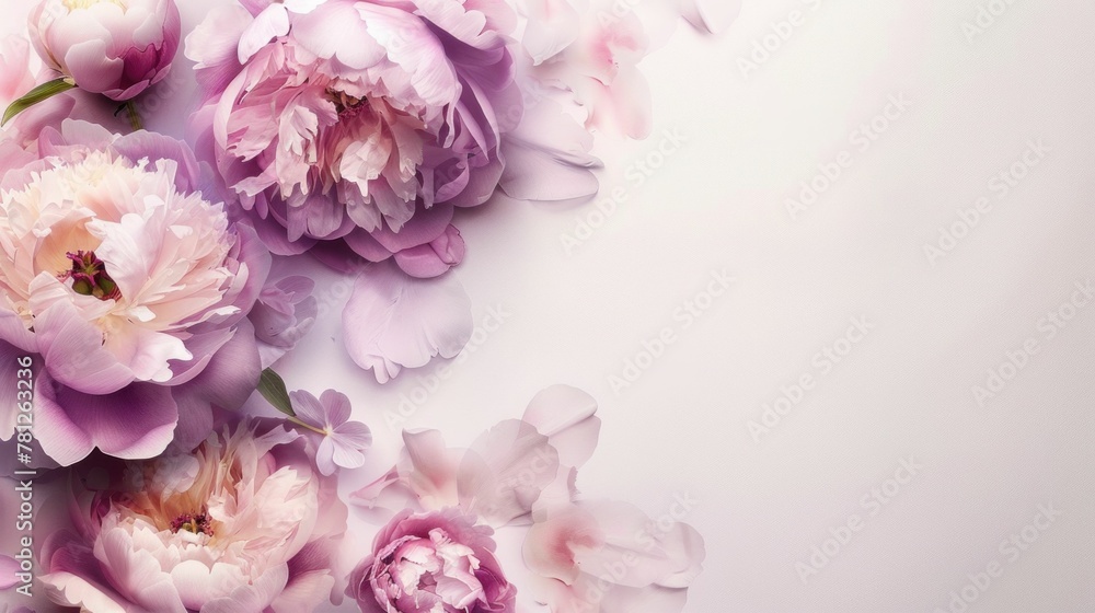 Pink peony flowers on white background with copy space for text, elegant floral arrangement for greeting cards and invitations