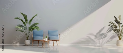 A tranquil living space with a concrete wall backdrop, complemented by lush tropical plants and sleek blue velvet chairs, exuding a calming and sophisticated vibe.