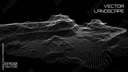 Wireframe Landscape Wire with Depth of Field Effect. 3D Topographic map background concept. Geography concept. Wavy backdrop. Space surface HUD Design Element.