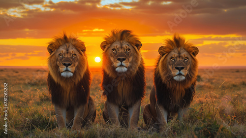 Three lions stand in a field with the sunset behind them. lion looking at camera And the scene had a calm and peaceful mood.
