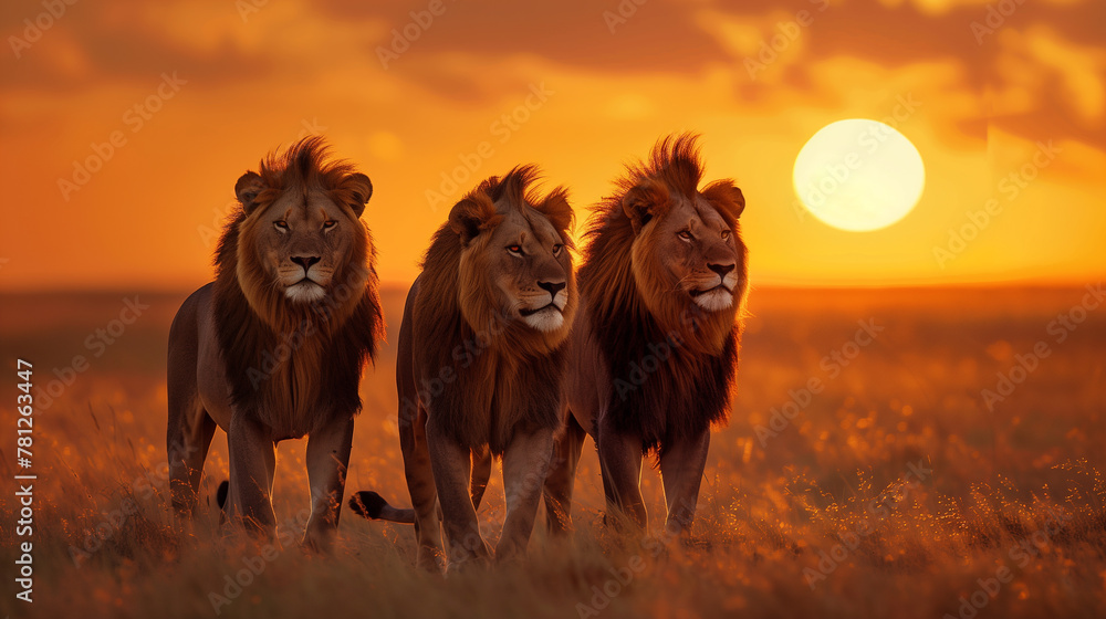 Three lions stand in a field with the sunset behind them. lion looking at camera And the scene had a calm and peaceful mood. - obrazy, fototapety, plakaty 