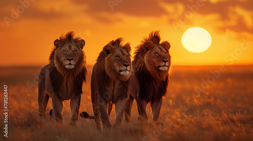 Three lions stand in a field with the sunset behind them. lion looking at camera And the scene had a calm and peaceful mood.