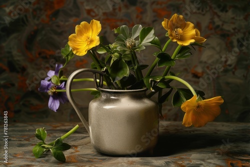 Yellow and purple flowers in a vase on table in front of wall in interior d  cor concept