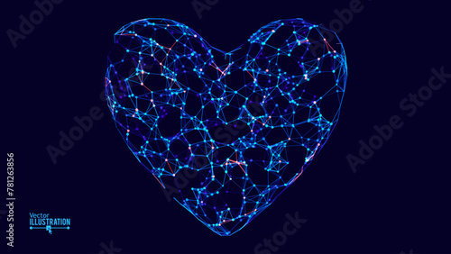 3D Digital Heart Object Made of Light Particles with Trails. Cardiology Concept Banner. Wireframe Low Poly Style Heart Sign. World Heart Day. Modern Technology 3D Vector Illustration.