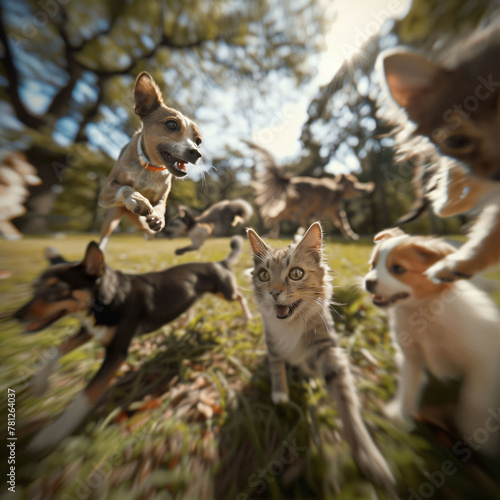 cats and dogs playing separately and together in a park, captured from a medium perspective