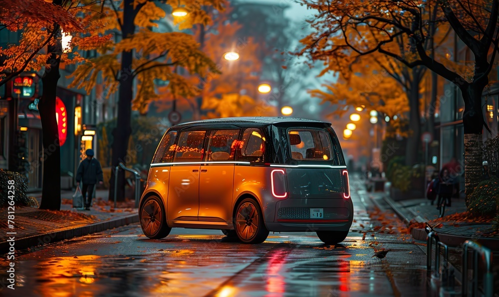 Fototapeta premium A futuristic electric delivery minivan with a fully autonomous system to navigate city streets
