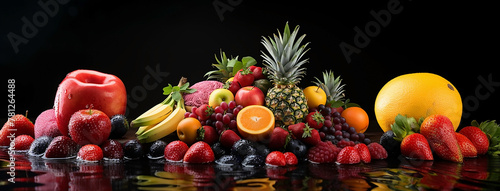 wide panoramic vegetarian banner with different types of fruits on a table in black background 